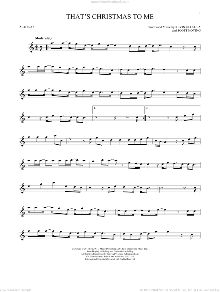 That's Christmas To Me sheet music for alto saxophone solo by Pentatonix, Kevin Olusola and Scott Hoying, intermediate skill level