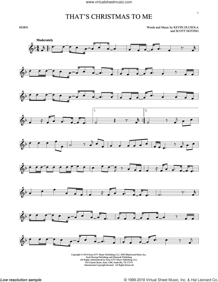 That's Christmas To Me sheet music for horn solo by Pentatonix, Kevin Olusola and Scott Hoying, intermediate skill level