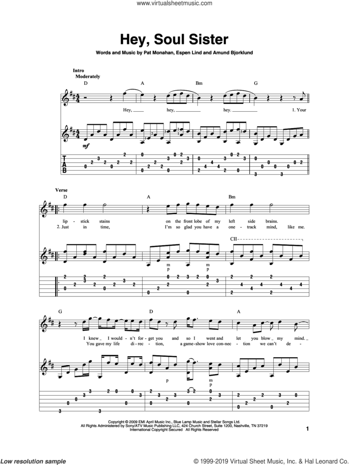 Hey, Soul Sister sheet music for guitar solo by Train, Amund Bjorklund, Espen Lind and Pat Monahan, intermediate skill level