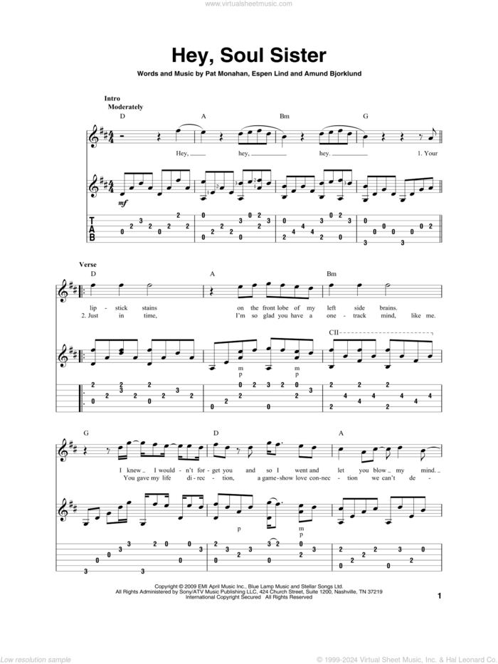 Hey, Soul Sister, (intermediate) sheet music for guitar solo by Train, Amund Bjorklund, Espen Lind and Pat Monahan, intermediate skill level