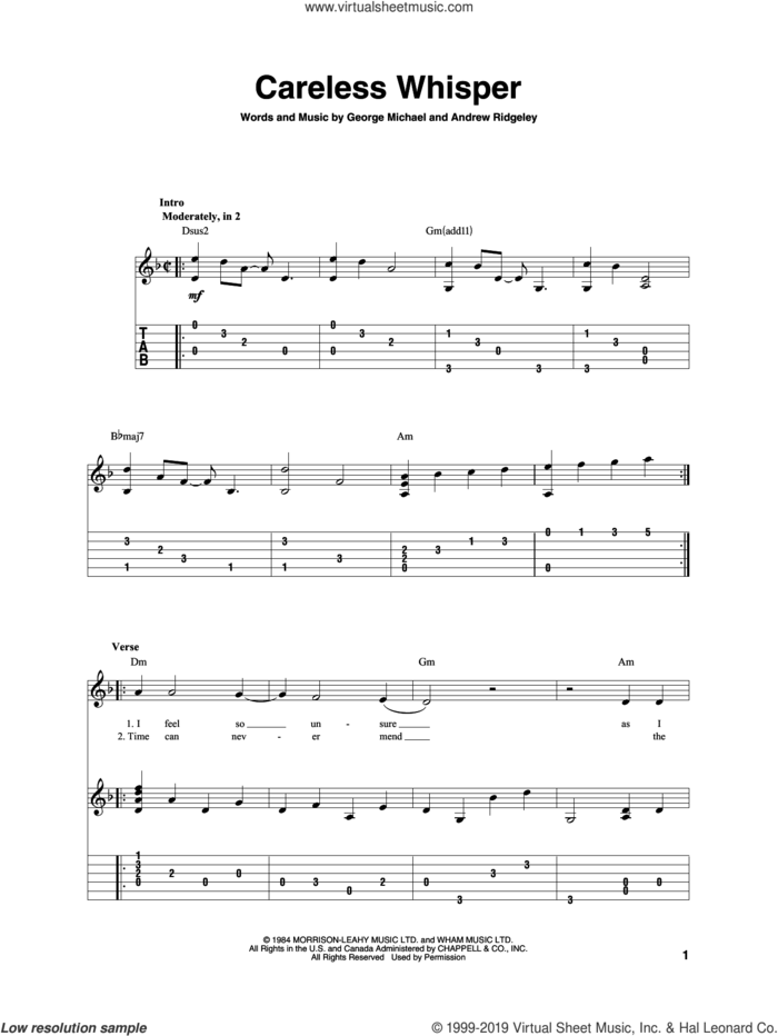 Careless Whisper sheet music for guitar solo by George Michael and Andrew Ridgeley, intermediate skill level