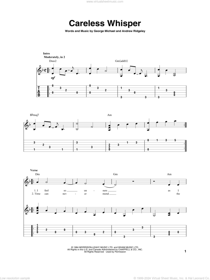 Careless Whisper sheet music for guitar solo by George Michael and Andrew Ridgeley, intermediate skill level