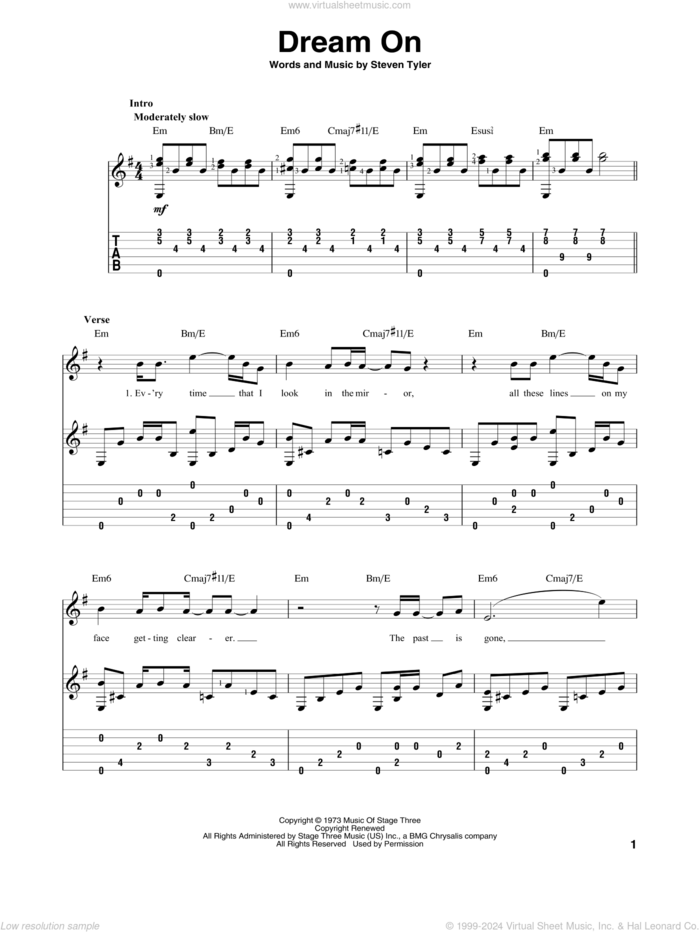 Aerosmith - Dream On sheet music (intermediate) for guitar solo