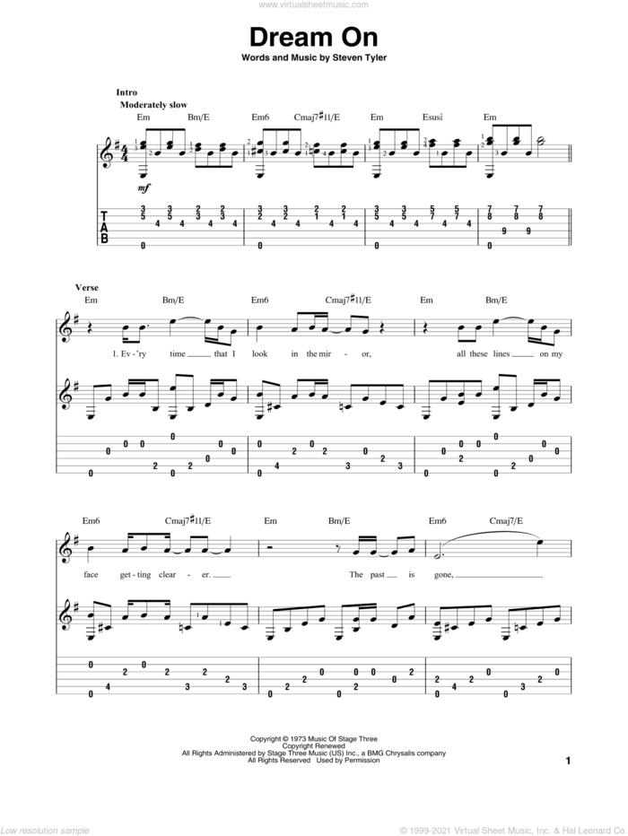 Dream On sheet music for guitar solo by Aerosmith and Steven Tyler, intermediate skill level