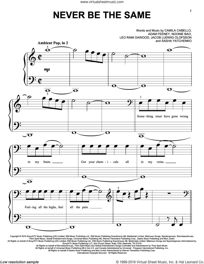 Never Be The Same sheet music for piano solo (big note book) by Camila Cabello, Adam Feeney, Jacob Ludwig Olofsson, Leo Rami Dawood and Noonie Bao, easy piano (big note book)