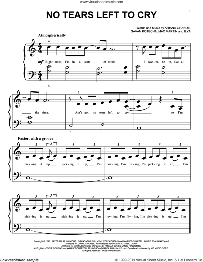 No Tears Left To Cry sheet music for piano solo (big note book) by Ariana Grande, Ilya, Max Martin and Savan Kotecha, easy piano (big note book)