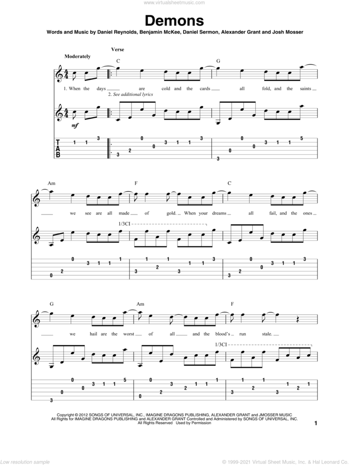 Demons sheet music for guitar solo by Imagine Dragons, Alexander Grant, Benjamin McKee, Daniel Reynolds, Daniel Sermon and Josh Mosser, intermediate skill level