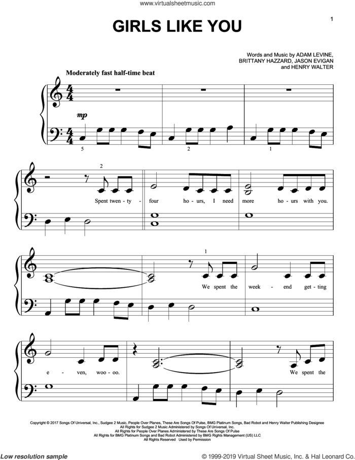 Girls Like You sheet music for piano solo (big note book) by Maroon 5, Adam Levine, Brittany Hazzard, Henry Walter and Jason Evigan, easy piano (big note book)