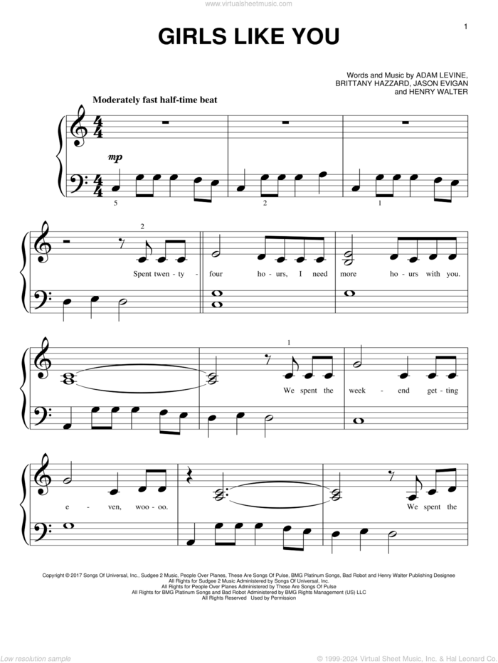 Girls Like You sheet music for piano solo (big note book) by Maroon 5, Adam Levine, Brittany Hazzard, Henry Walter and Jason Evigan, easy piano (big note book)