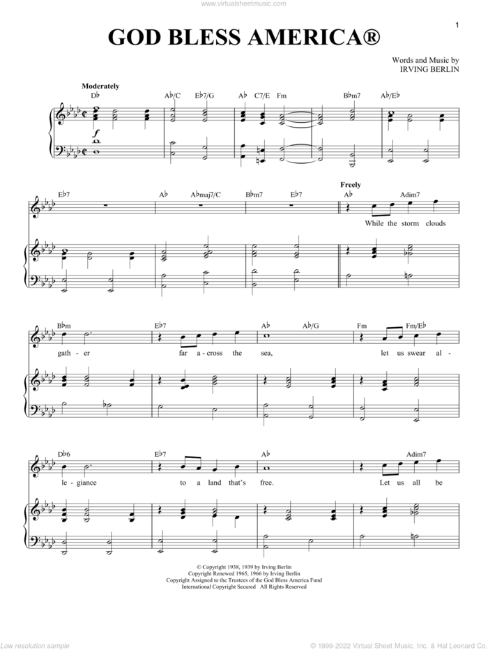 God Bless America sheet music for voice and piano (Tenor) by Irving Berlin and Richard Walters, intermediate skill level