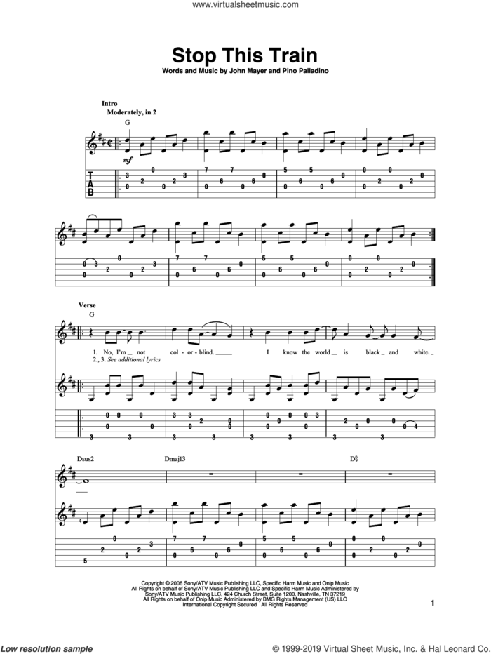 Stop This Train sheet music for guitar solo by John Mayer and Pino Palladino, intermediate skill level