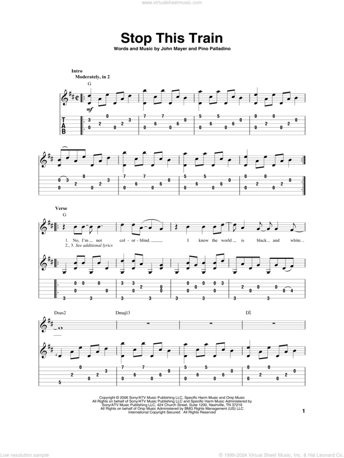 Stop This Train sheet music for guitar solo by John Mayer and Pino Palladino, intermediate skill level