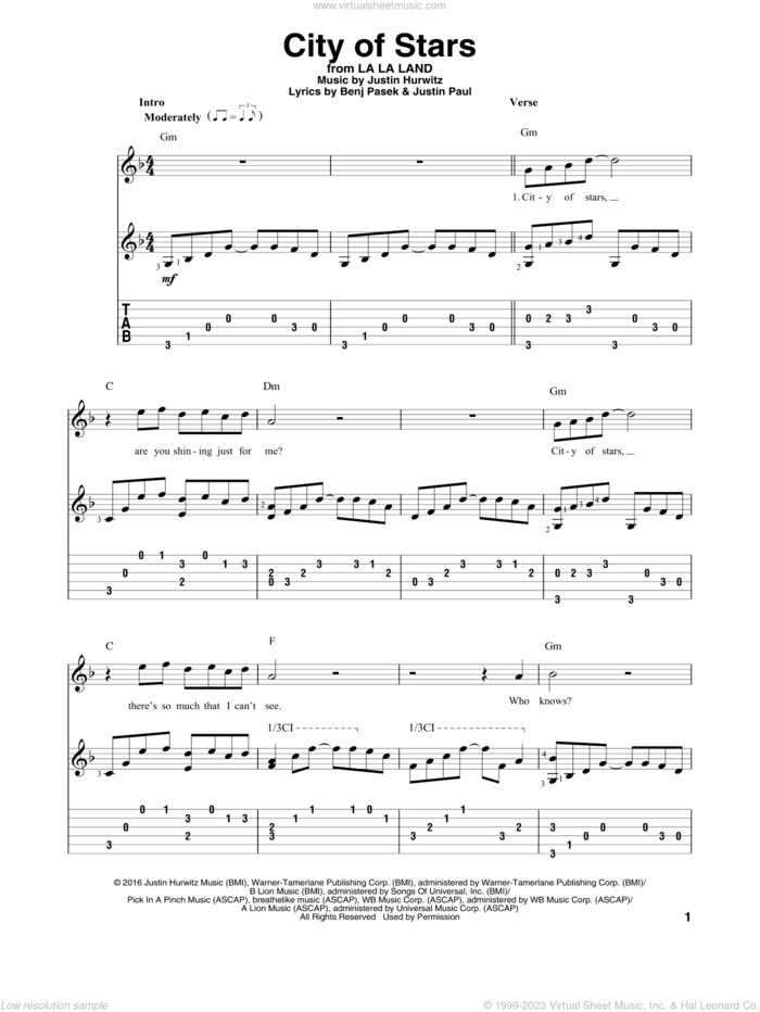City Of Stars (from La La Land) sheet music for guitar solo by Ryan Gosling & Emma Stone, Benj Pasek, Justin Hurwitz and Justin Paul, intermediate skill level