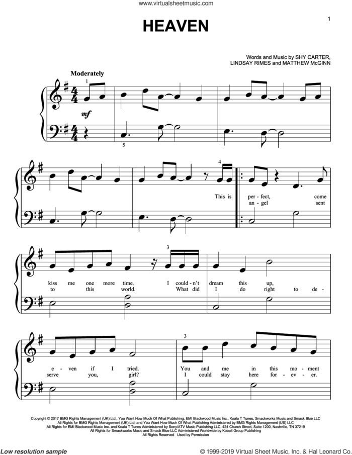 Heaven sheet music for piano solo (big note book) by Kane Brown, Lindsay Rimes, Matthew McGinn and Shy Carter, easy piano (big note book)