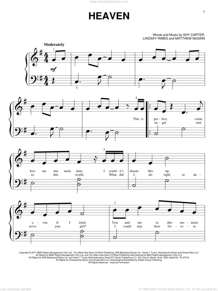 Heaven sheet music for piano solo (big note book) by Kane Brown, Lindsay Rimes, Matthew McGinn and Shy Carter, easy piano (big note book)