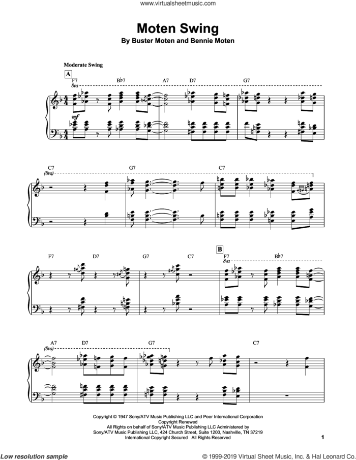 Moten Swing sheet music for piano solo (transcription) by Oscar Peterson, Bennie Moten and Buster Moten, intermediate piano (transcription)