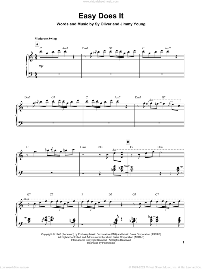 Easy Does It sheet music for piano solo (transcription) by Oscar Peterson, Jimmy Young and Sy Oliver, intermediate piano (transcription)