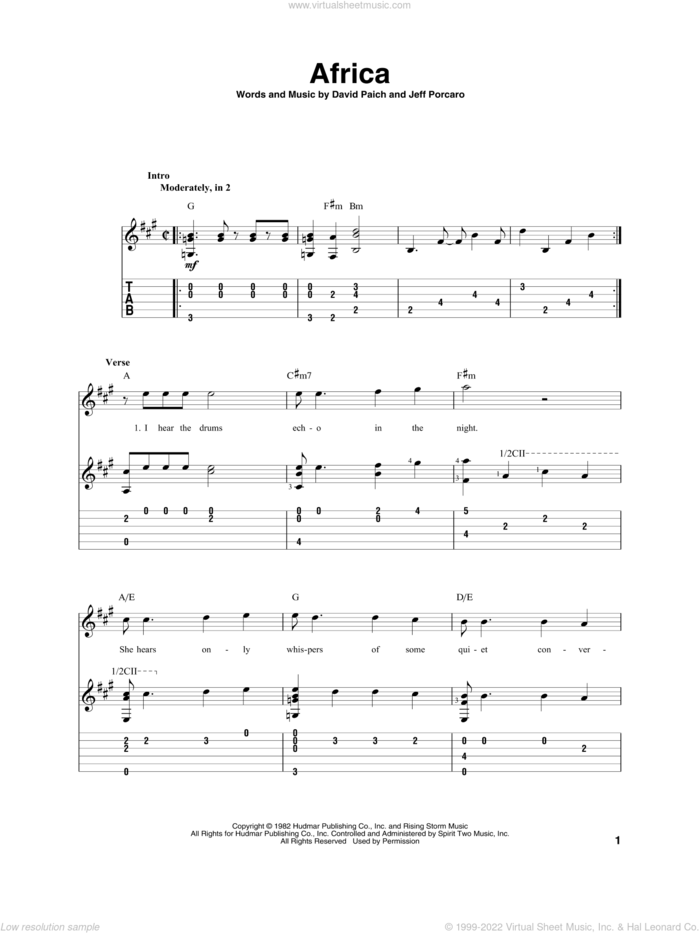 Africa sheet music for guitar solo by Toto, David Paich and Jeff Porcaro, intermediate skill level