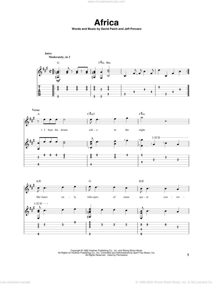 Africa sheet music for guitar solo by Toto, David Paich and Jeff Porcaro, intermediate skill level