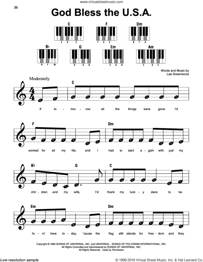 God Bless The U.S.A. sheet music for piano solo by Lee Greenwood, beginner skill level