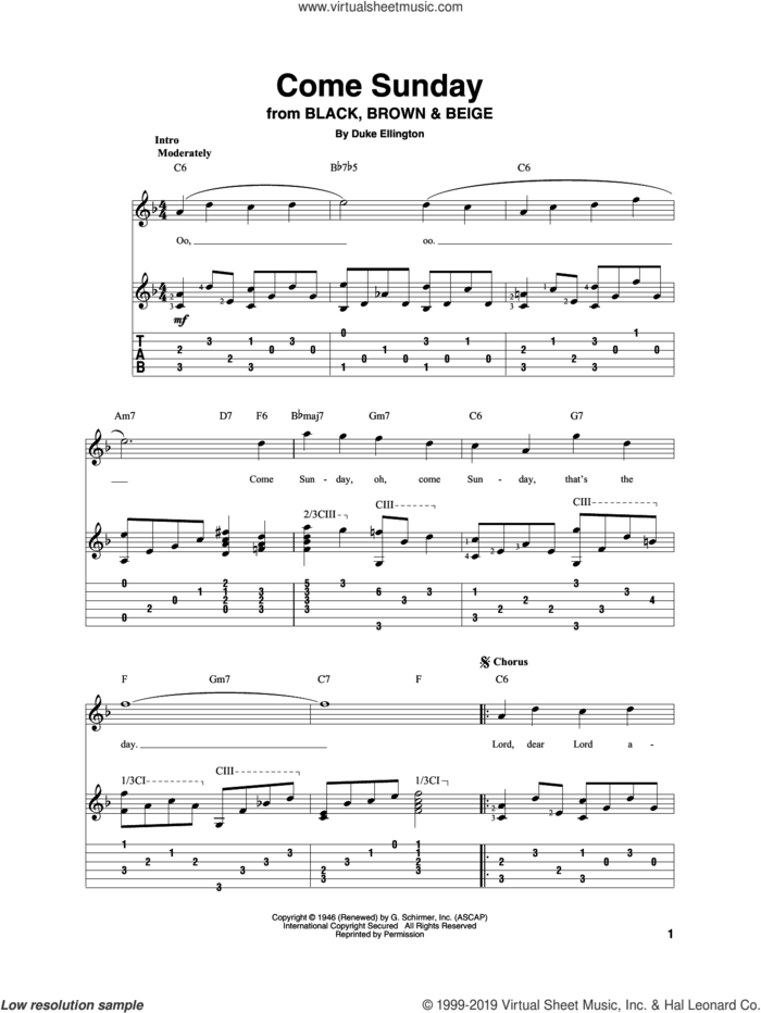 Come Sunday sheet music for guitar solo by Duke Ellington, intermediate skill level