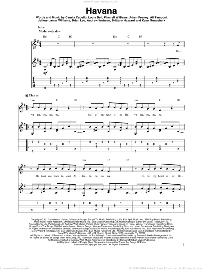 Havana (feat. Young Thug) sheet music for guitar solo by Camila Cabello, Camila Cabello feat. Young Thug, Adam Feeney, Ali Tamposi, Andrew Wotman, Brian Lee, Brittany Hazzard, Jeffery Lamar Williams, Kaan Gunesberk, Louis Bell and Pharrell Williams, intermediate skill level