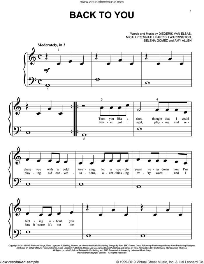 Back To You (from 13 Reasons Why) sheet music for piano solo (big note book) by Selena Gomez, Amy Allen, Diederik Van Elsas, Micah Premnath, Parrish Warrington and Selena Marie Gomez, easy piano (big note book)