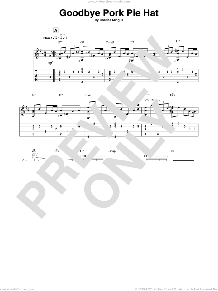 Goodbye Pork Pie Hat sheet music for guitar solo by Charles Mingus, intermediate skill level