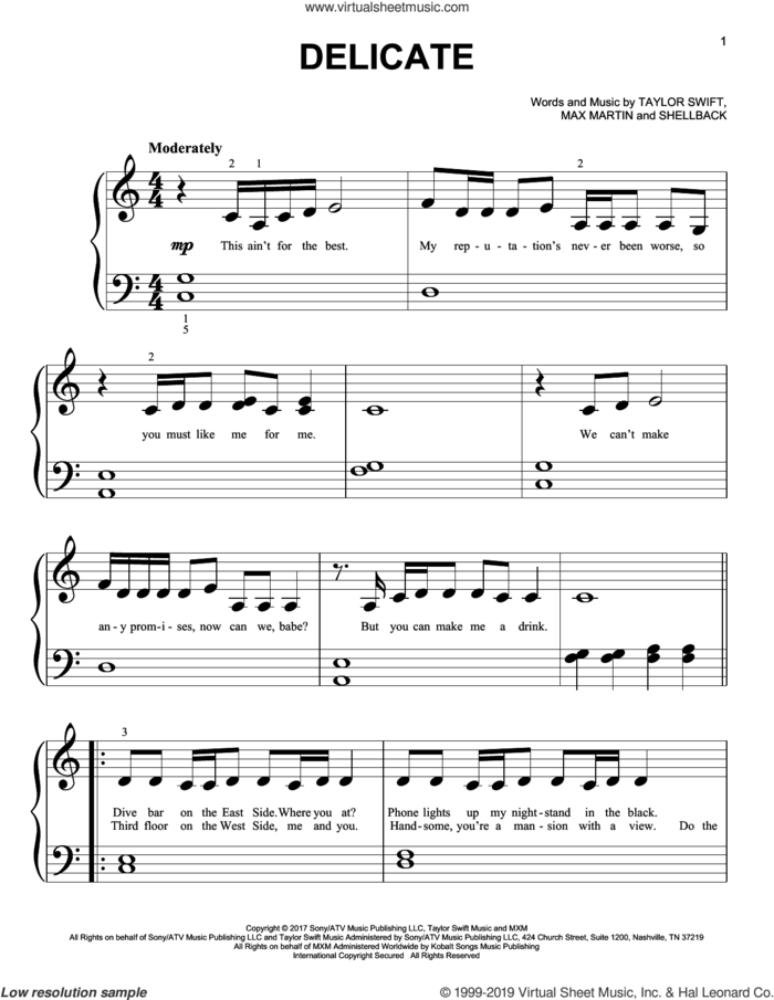 Delicate sheet music for piano solo (big note book) by Taylor Swift, Max Martin and Shellback, easy piano (big note book)