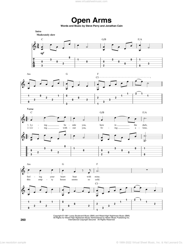 Open Arms sheet music for guitar solo by Journey, Jonathan Cain and Steve Perry, intermediate skill level