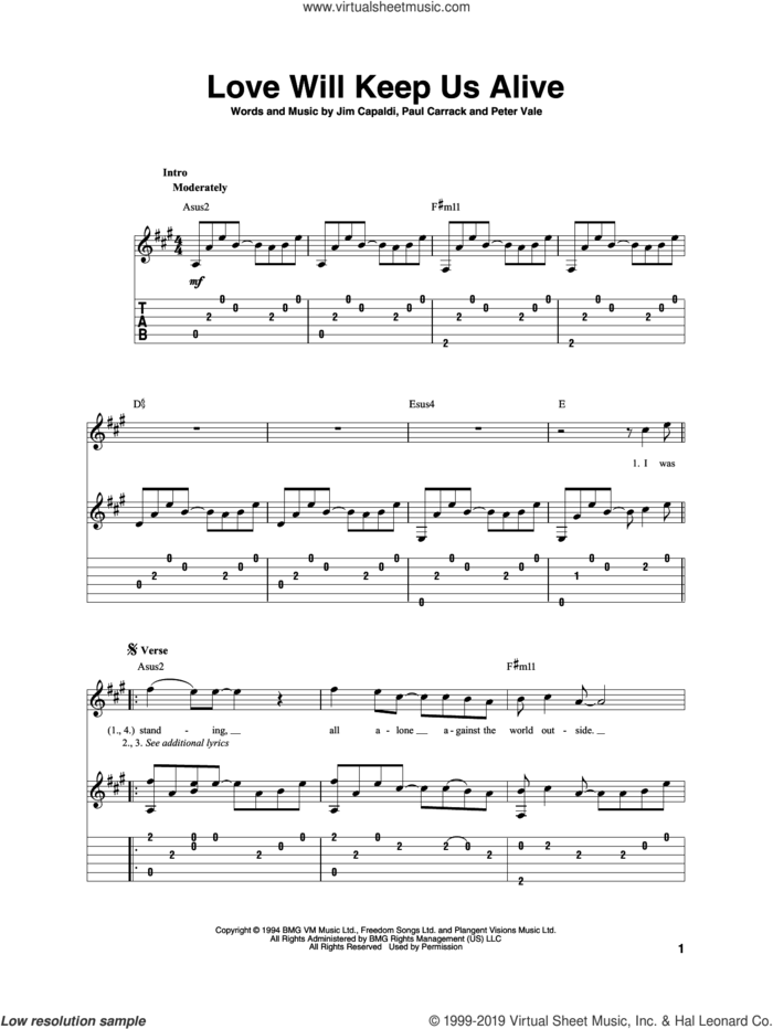 Love Will Keep Us Alive sheet music for guitar solo by Paul Carrack, The Eagles, Jim Capaldi and Peter Vale, intermediate skill level