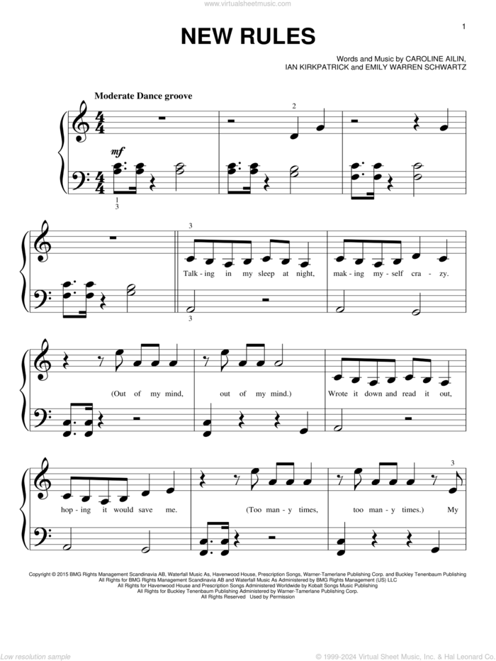 New Rules sheet music for piano solo (big note book) by Dua Lipa, Caroline Ailin, Emily Warren Schwartz and Ian Kirkpatrick, easy piano (big note book)