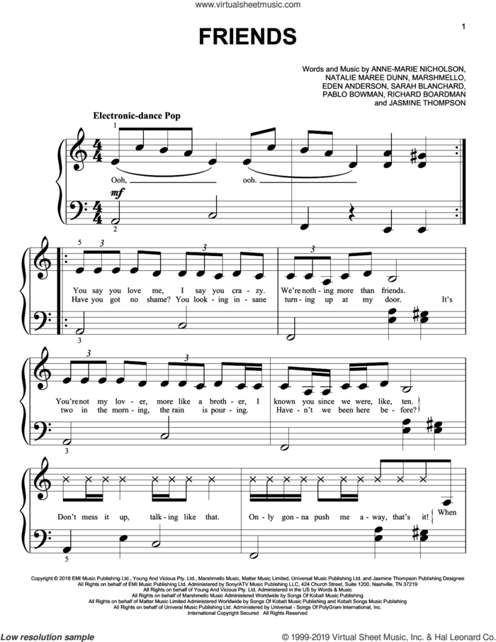 FRIENDS sheet music for piano solo (big note book) by Marshmello & Anne-Marie, Anne-Marie Nicholson, Chris Comstock, Eden Anderson, Jasmine Thompson, Natalie Maree Dunn, Pablo Bowman, Richard Boardman and Sarah Blanchard, easy piano (big note book)