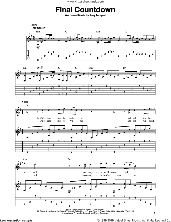 Final Countdown sheet music for guitar solo by Europe and Joey Tempest, intermediate skill level