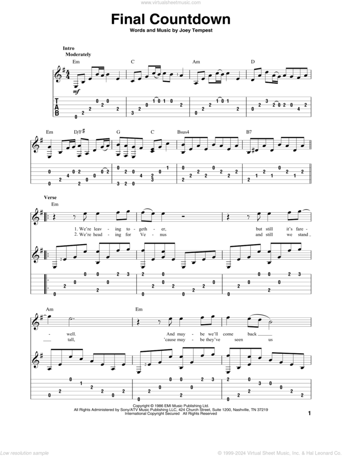 Final Countdown sheet music for guitar solo by Europe and Joey Tempest, intermediate skill level