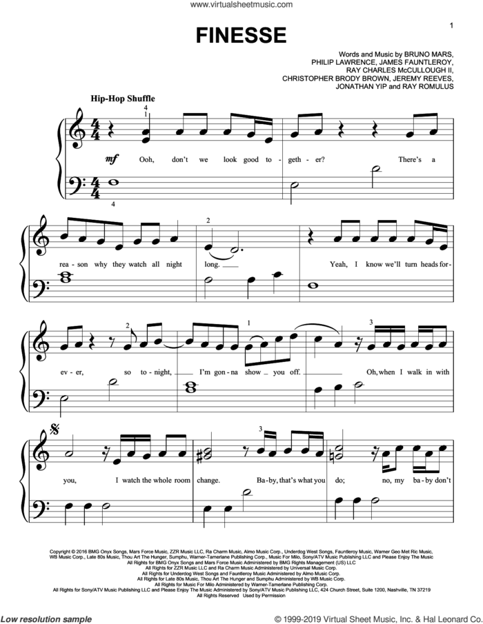 Finesse (feat. Cardi B) sheet music for piano solo (big note book) by Bruno Mars, Christopher Brody Brown, James Fauntleroy, Jeremy Reeves, Jonathan Yip, Philip Lawrence, Ray Charles McCullough II and Ray Romulus, easy piano (big note book)