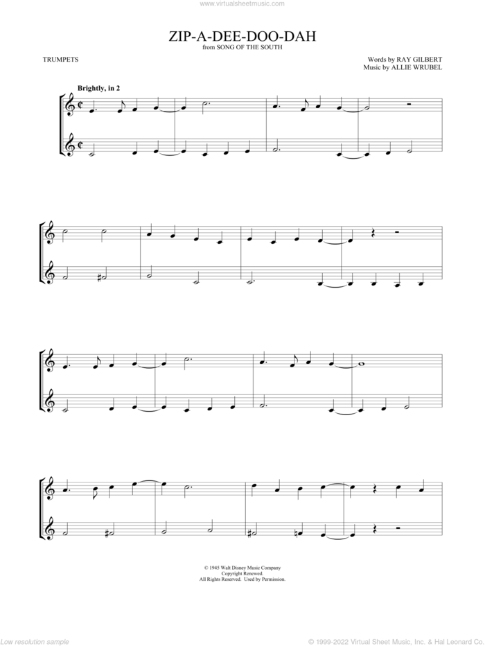 Zip-A-Dee-Doo-Dah (from Song Of The South) (arr. Mark Phillips) sheet music for two trumpets (duet, duets) by James Baskett, Mark Phillips, Allie Wrubel and Ray Gilbert, intermediate skill level