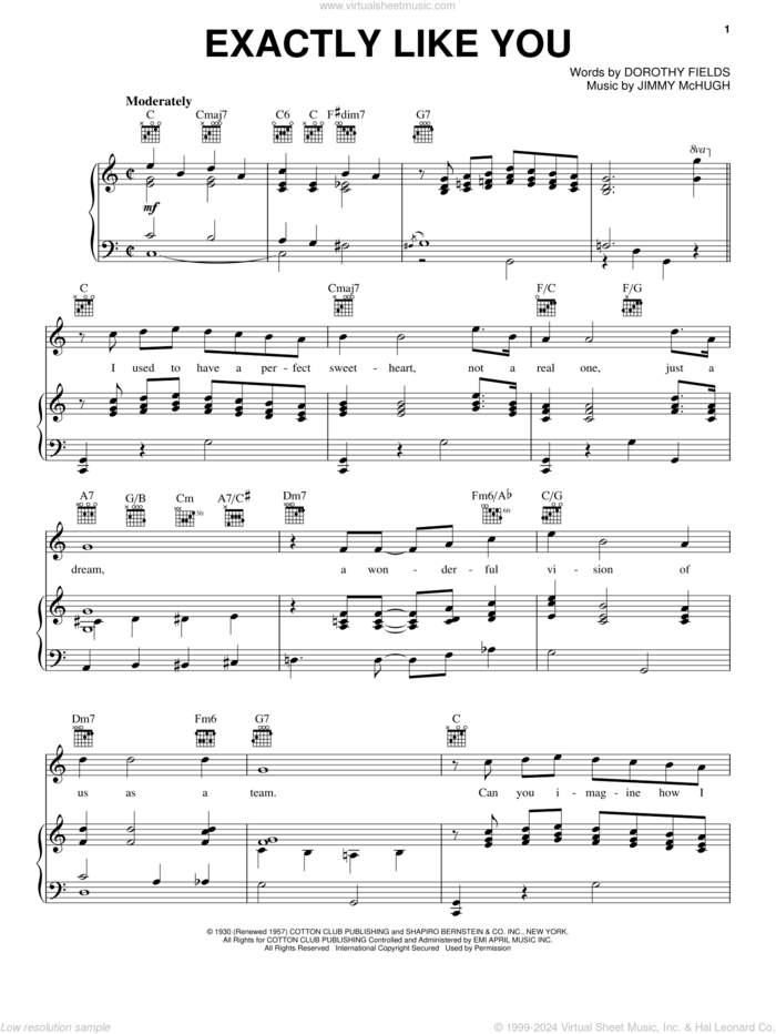 Exactly Like You sheet music for voice, piano or guitar by Dorothy Fields and Jimmy McHugh, intermediate skill level