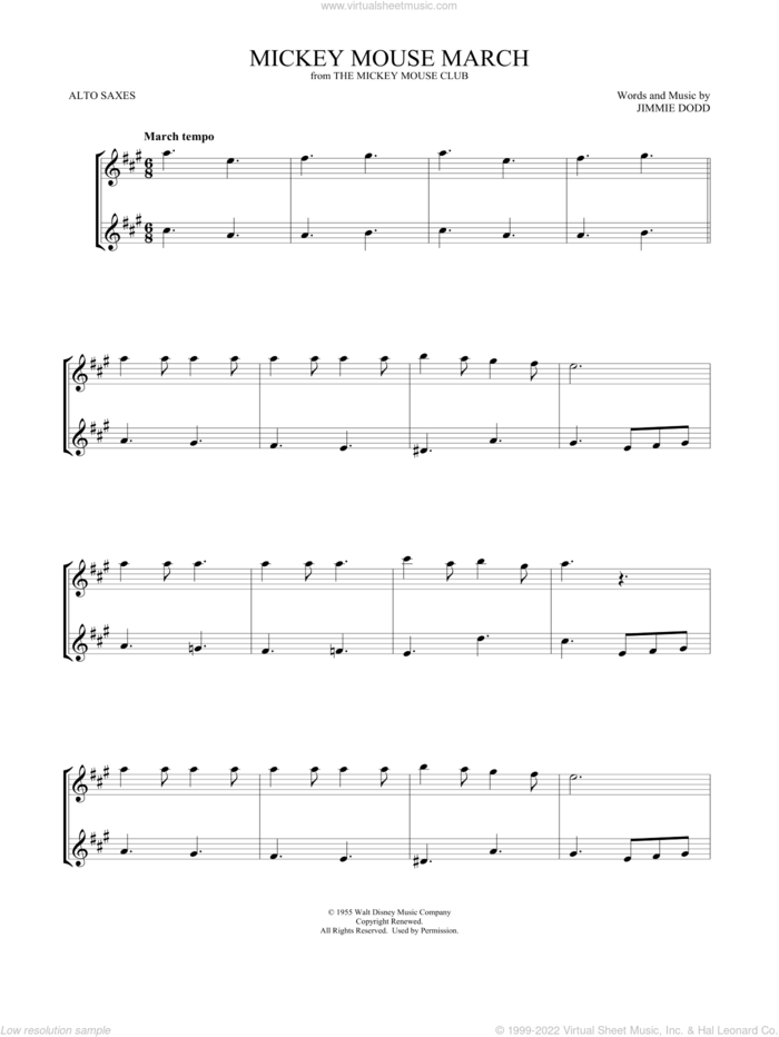 Mickey Mouse March (from The Mickey Mouse Club) (arr. Mark Phillips) sheet music for two alto saxophones (duets) by Jimmie Dodd and Mark Phillips, intermediate skill level