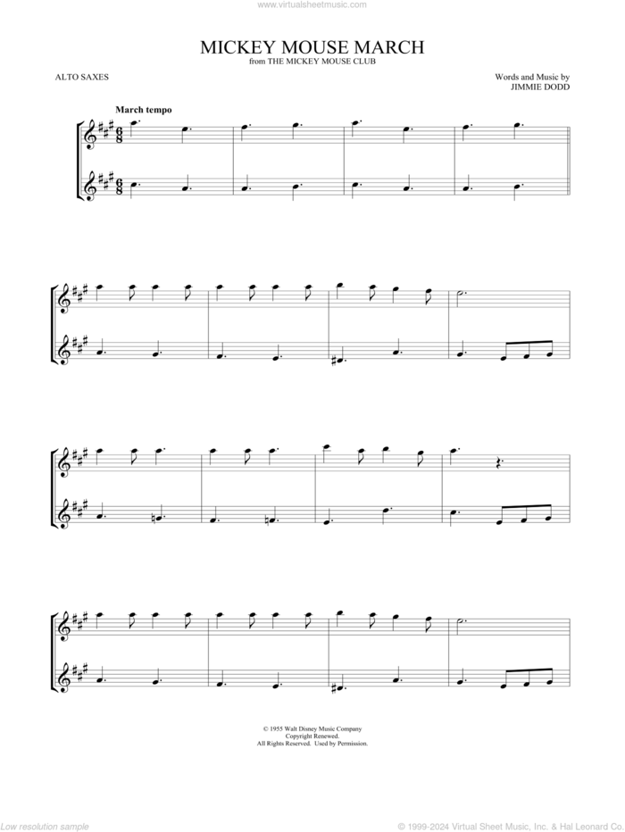 Mickey Mouse March (from The Mickey Mouse Club) (arr. Mark Phillips) sheet music for two alto saxophones (duets) by Jimmie Dodd and Mark Phillips, intermediate skill level