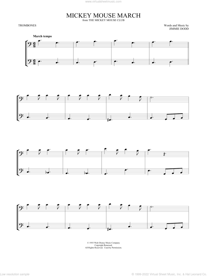 Mickey Mouse March (from The Mickey Mouse Club) (arr. Mark Phillips) sheet music for two trombones (duet, duets) by Jimmie Dodd and Mark Phillips, intermediate skill level