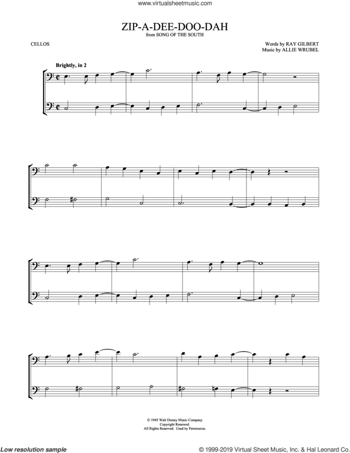 Zip-A-Dee-Doo-Dah (from Song Of The South) (arr. Mark Phillips) sheet music for two cellos (duet, duets) by James Baskett, Mark Phillips, Allie Wrubel and Ray Gilbert, intermediate skill level