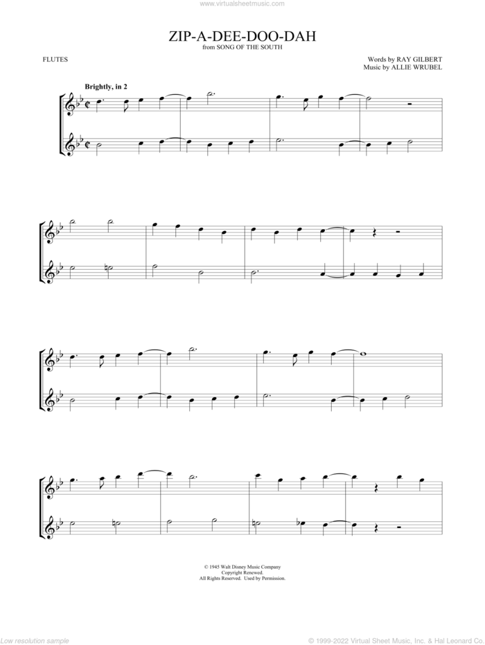 Zip-A-Dee-Doo-Dah (from Song Of The South) (arr. Mark Phillips) sheet music for two flutes (duets) by James Baskett, Mark Phillips, Allie Wrubel and Ray Gilbert, intermediate skill level