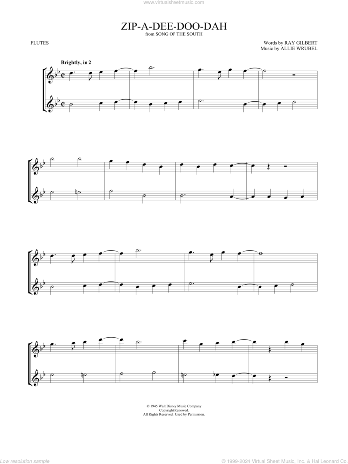 Zip-A-Dee-Doo-Dah (from Song Of The South) (arr. Mark Phillips) sheet music for two flutes (duets) by James Baskett, Mark Phillips, Allie Wrubel and Ray Gilbert, intermediate skill level