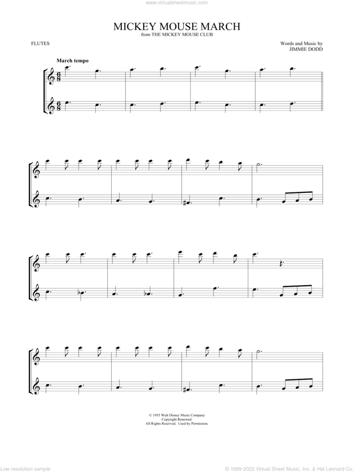 Mickey Mouse March (from The Mickey Mouse Club) (arr. Mark Phillips) sheet music for two flutes (duets) by Jimmie Dodd and Mark Phillips, intermediate skill level
