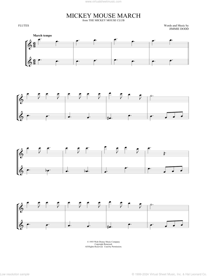 Mickey Mouse March (from The Mickey Mouse Club) (arr. Mark Phillips) sheet music for two flutes (duets) by Jimmie Dodd and Mark Phillips, intermediate skill level