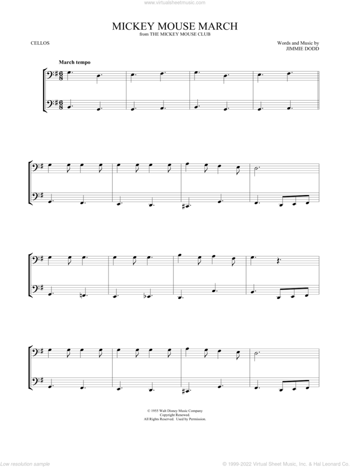 Mickey Mouse March (from The Mickey Mouse Club) (arr. Mark Phillips) sheet music for two cellos (duet, duets) by Jimmie Dodd and Mark Phillips, intermediate skill level