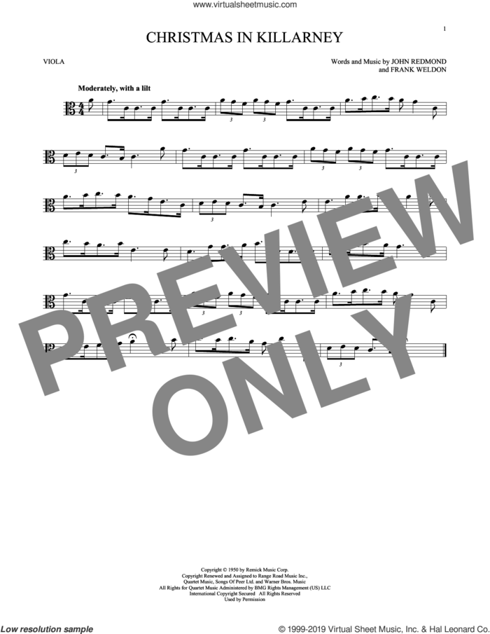 Christmas In Killarney sheet music for viola solo by John Redmond, Frank Weldon and John Redmond & Frank Weldon, intermediate skill level
