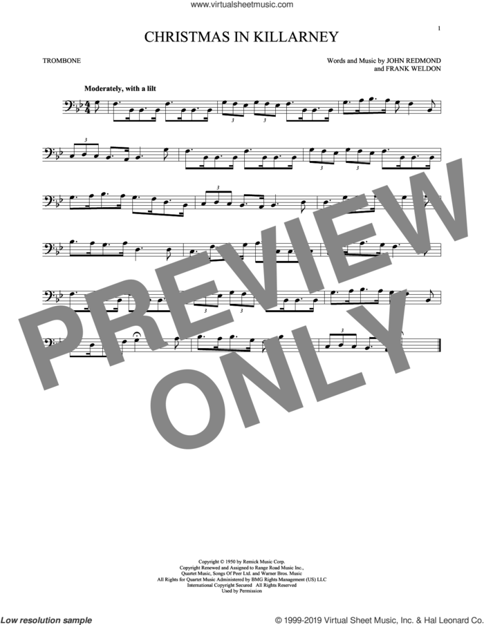 Christmas In Killarney sheet music for trombone solo by John Redmond, Frank Weldon and John Redmond & Frank Weldon, intermediate skill level