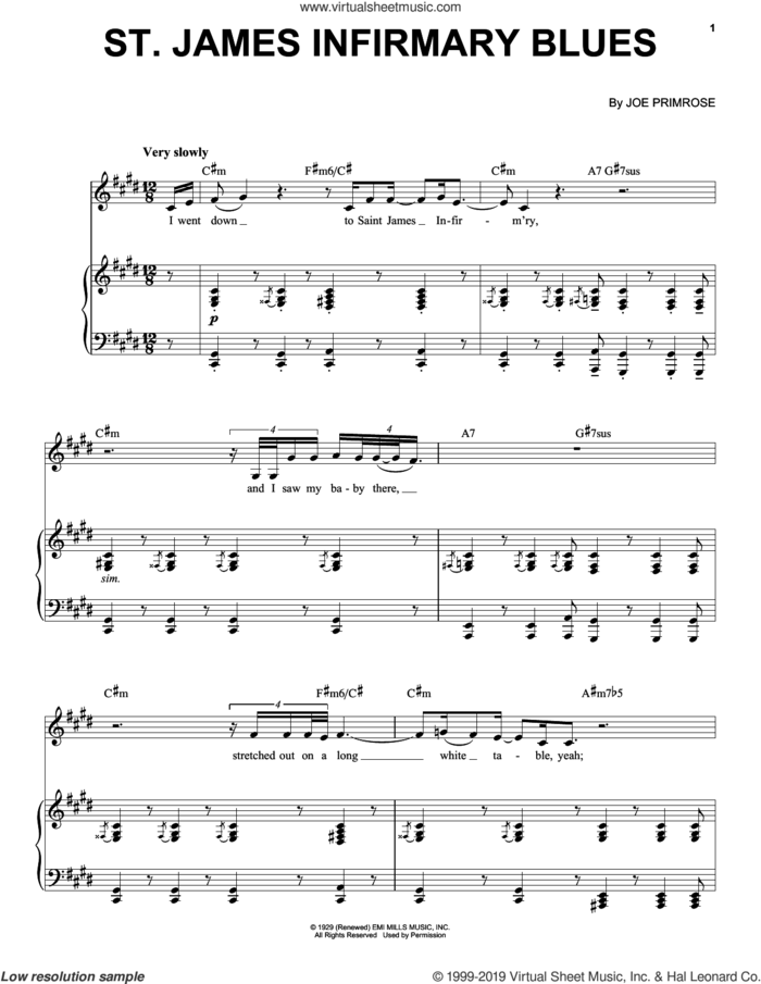 Saint James Infirmary Blues sheet music for voice, piano or guitar by Jon Batiste and Joe Primrose, intermediate skill level